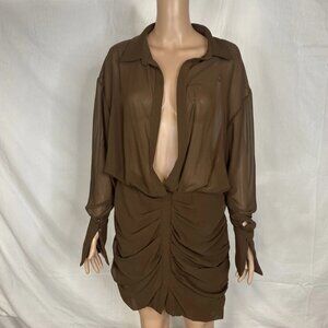 NEW HOUSE OF CB Women's Deep V-Neck Puff Skirt Mini Dress Size XL Brown